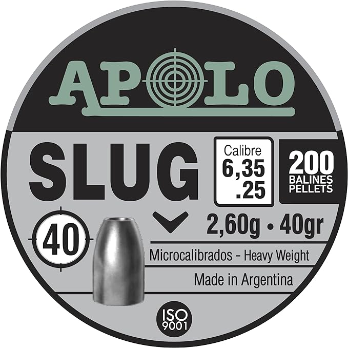 Apolo Slug Airgun Pellets, 6.35mm, 25 Caliber, 40 Grains, E19304,Silver