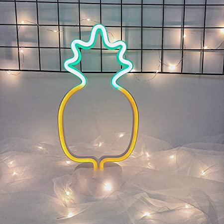 Qunlight Neon Night Light Pineapple Shaped with Holder Base Yellow Green Lamp USB & Battery Powered Novelty Kids Gifts, Table Decoration,Birthday Party,Living Room,Bedroom,or Bar(Pineapple-Holder)