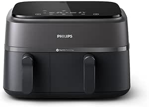 Philips Dual Basket Air Fryer 3000 Series, 8-in-1 functions, 9.5 Quarts, 2 Drawers, Auto-sync Cooking Time, 90% Less Fat, Rapid Air Technology, HomeID Recipe App, Dishwasher Safe, Black, (NA350/00)