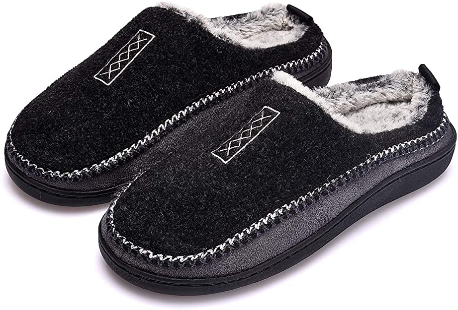 XINHAX Men’s Cozy Slippers, Memory Foam House Slippers with Fuzzy Plush Wool-Like Lining, Slip on Clog House Shoes with Indoor Outdoor Anti-Skid Rubber Sole