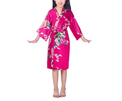 xingyueshop Children Girls Silk Robes Satin Robe Short Floral Peacock Kimono Stain Sleepwear
