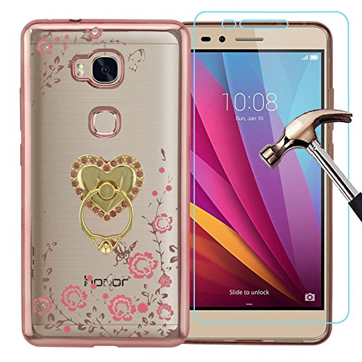 Honor 5X Case with Kickstand   Screen Protector, Gzerma TPU Crystal Metal Plating Bumper Frame Back Cover with 360 Rotation Phone Ring Grip Holder, and Shatterproof Protective Film (Rose Gold)