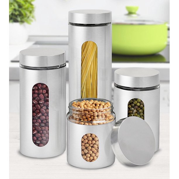 Estilo 4 Piece Brushed Stainless Steel And Glass Canisters With Window