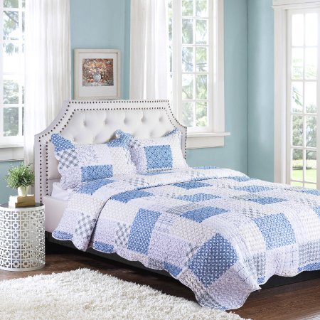 Bedsure "Floral Patio" Printed Quilt Set -- Bedspread and Coverlet, Quilt and Sham, Hypo-allergic and Lightweight -- King, Blue