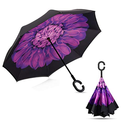 Inverted Umbrella, Wim Double Layer Reverse Folding Umbrella Windproof UV Protection Parasol Big Straight Umbrella for Car Rain Outdoor With C-Shaped Handle