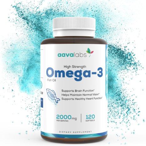 Omega 3 Fish Oil [ 2000mg ] By Aava Labs - High Strength - Molecularly Distilled For Purity And Freshness - 800mg EPA & 400mg DHA Per Serving - 120 Softgels.