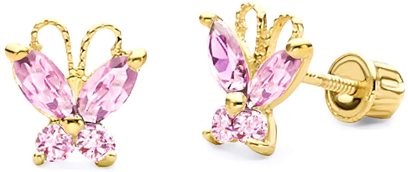 14k Yellow Gold Butterfly Stud Earrings with Screw Back - 4 Different Color Available