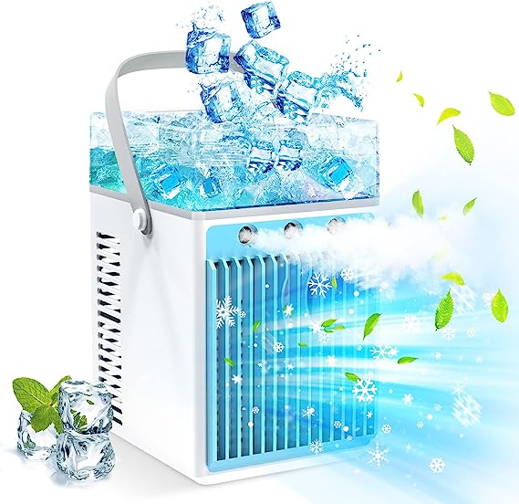 Portable Air Conditioners, 4 in 1 Rechargeable Evaporative Personal Cooler Humidifier with 6 Ice Boxes, 3 Speeds Quiet Mini AC with LED, Air Conditioner Desktop Cooling Fan for Office Tent Bedroom