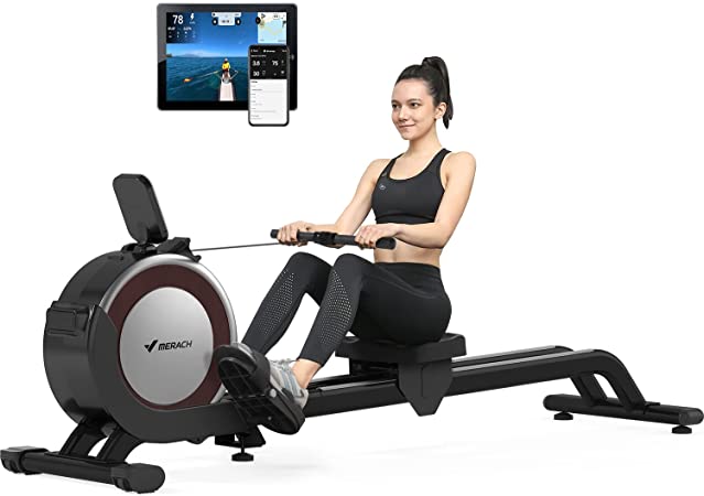 Rowing Machine, Merach Electric Magnetic Rower Machine with Dual Slide Rail, 16 Levels of Quiet Electromagnetic Resistance, Max 350lb Weight Capacity, App Compatible, Rowing Machines for Home Use,Q1