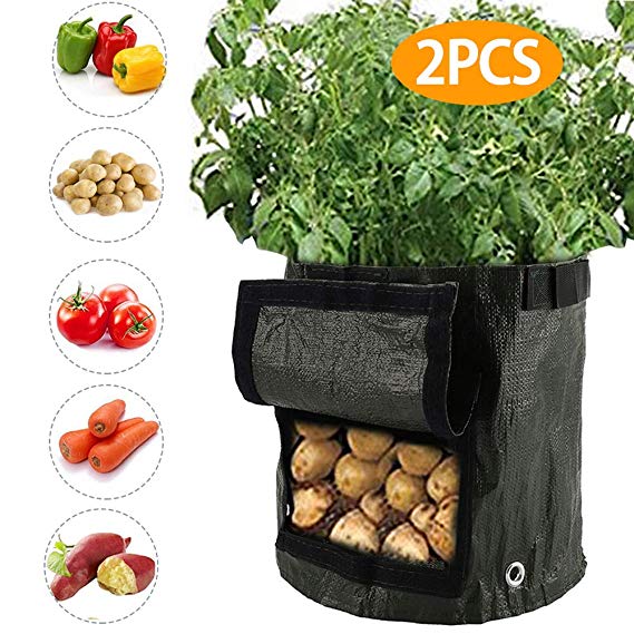 2 Pack 10 Gallon Potato Grow Planter Bags Vegetable Planting Bag Aeration Fabric Pot Waterproof PE Gardening Cultivation Container with Flap for Carrot Onion Strawberry Tomato (10 Gallon)
