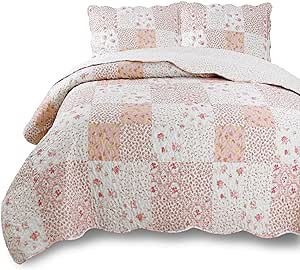 Kasentex Country-Chic Printed Pre-Washed Quilt Set. Microfiber Fabric Quilted Design. KING Quilt   2 Shams. MULTI-PINK