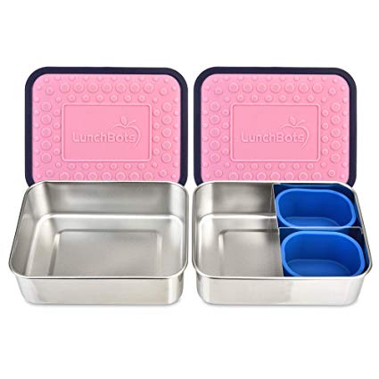 LunchBots Lite Bento Box Lunch Bundle – Includes Two Bento Boxes - One Section and Three Section Stainless Steel Containers and Silicone Cups - Eco-Friendly, Dishwasher Safe, BPA-Free - Rose