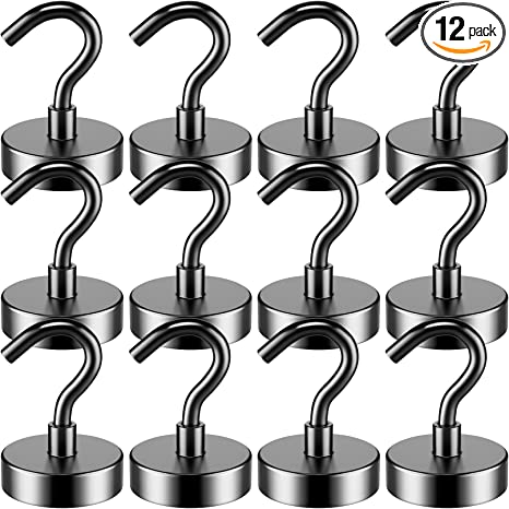 FINDMAG 12 Pack 40lbs Magnetic Hooks, Heavy Duty Neodymium Magnets with Hook for Hanging Heavy Duty, Super Strong Magnetic Hooks for Refrigerator, Cruise, Classroom, Office and Kitchen (Black)
