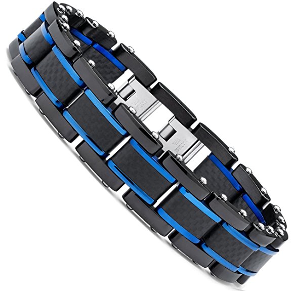 Men's Black and Blue Stainless Steel Bracelet with Pure Solid Carbon Fiber links 8.25" Can be sized down