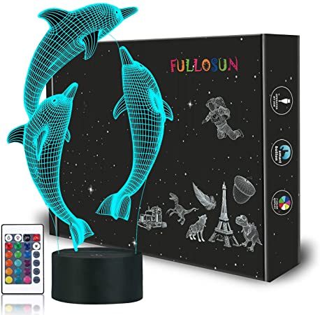 Dolphin 3D Night Light for Kids, FULLOSUN Ocean Porpoise Illusion Bedside Lamp 16 Colors Changing with Remote Control Bedroom Décor Christmas Birthday Gift for Child Baby Girl