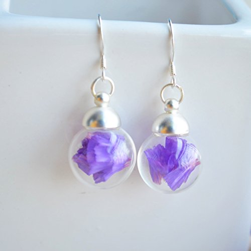 Purple Forget Me Not Myosotis Real Flowers 925 Sterling Silver Drop Earrings