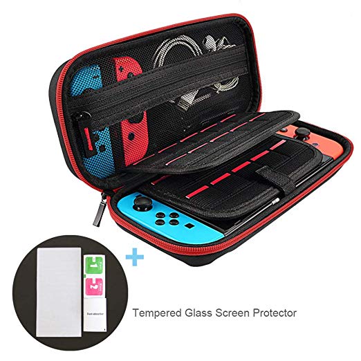Carry Case & Screen Protector Compatible with Nintendo Switch, Protective Travel Hard Case (20 Card Holders, Large Capacity, No Stuck Zipper)   Tempered Glass Screen Protector (Red)