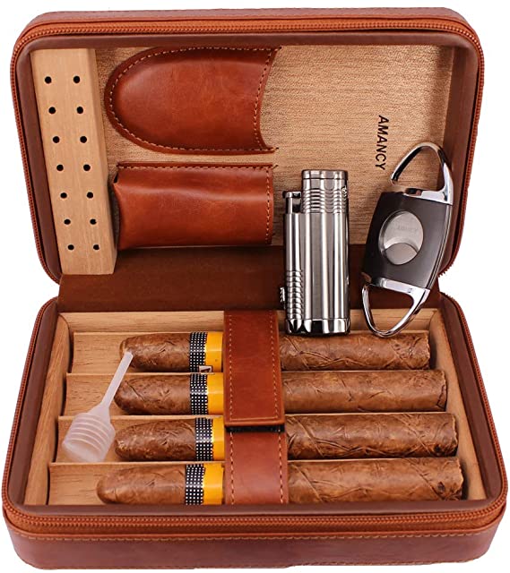 AMANCY Elegent Handmade Brown Leather Cedar Wood Lined 4 Cigar Humidor Case with 3 Triple Jet Flame Cigar Lighter and Cutter，Suitable for Holding Big and Fat Cigars