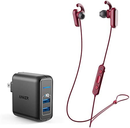 Skullcandy Method ANC Wireless Bluetooth in-Ear Noise Cancelling Headphones Bundle with Anker PowerPort Elite 2 Ports USB Wall Charger - Moab/Red/Black