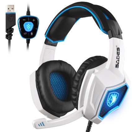 2016 New SADES Spirit Wolf 7.1 Surround Sound Stereo USB Gaming Headset Headband Headphones with Mic Over-the-Ear Noise Isolating Volume Control LED Light For PC Gamers (White)