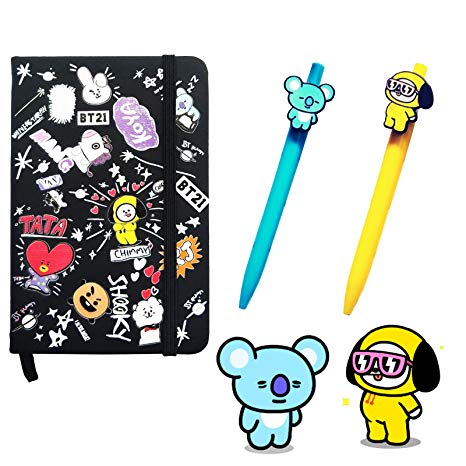 eKoi Cute KPOP BTS Bangtan Boys BT21 Notebook Black Hardcover Memo Book Lined Pages Ball Point Pen Set for Diary Journal School Student Writing Stationery Supplies (CHIMMY KOYA Collectables Merch)