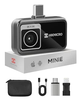 HIKMICRO MiniE Thermal Camera Android/iOS, Thermal Imaging Camera with SuperIR Image Enhancement, 25Hz, No Battery, for Phone/Tablet, USB-C/Lightning Port (Adapter Included, support iPhone 15/16)