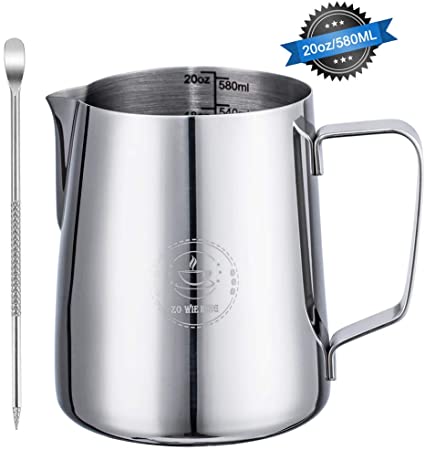 Stainless Steel Milk Frothing Pitcher 20oz/ 580ml Steaming Pitchers with Decorating Art Pen, Milk Coffee Cappuccino Latte Art Barista Steam Pitchers Milk Jug Cup for Espresso Machines Latte Art