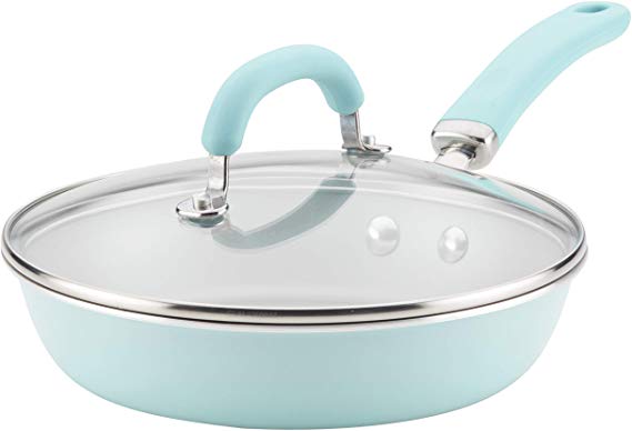 Rachael Ray 12017 9.5" Covered Deep Aluminum Skillet, w/Lid, Light Blue Shimmer