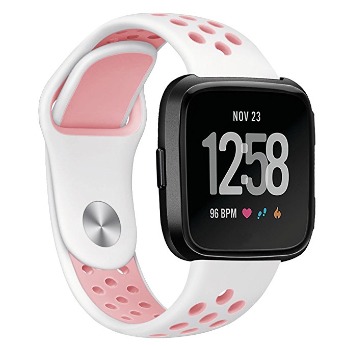 Fitbit Versa Bands,Mangix Sport Silicone Replacement Breathable Strap Bands for New Fitbit Versa Smart Fitness Watch (White/Pink)