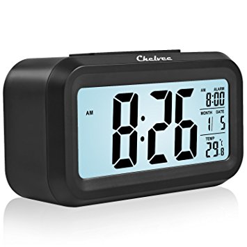 Chelvee(TM) Smart Alarm Clock with Large LCD screen, Low Light Sensor Technology, Soft Night Light, Repeating Snooze, Month Date & Temperature Display,Stronger Sound Wake You Up Softly. (Black)