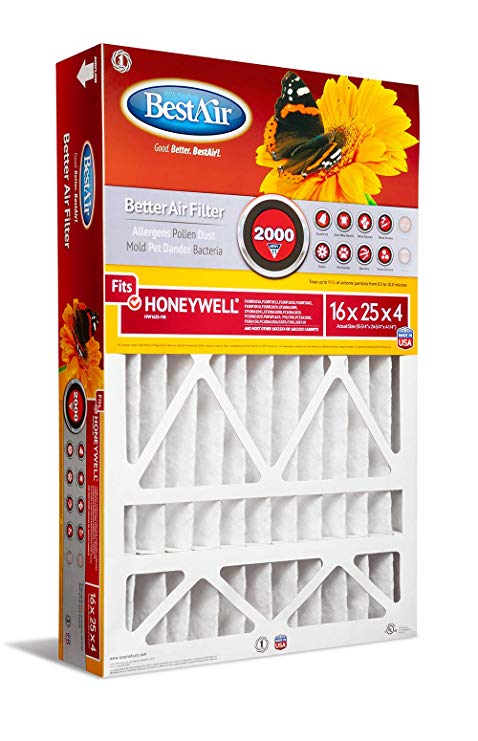 BestAir HW1625-11R Air Cleaning Furnace Filter, MERV 11, Removes Allergens & Contaminants, For Honeywell Models, 16" x 25" x 4", 3 Pack
