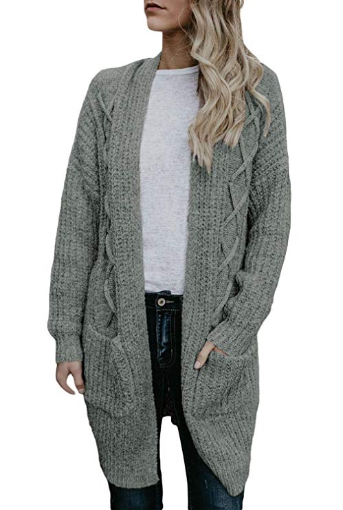 Dokotoo Womens Open Front Long Sleeve Chunky Cable Knit Long Cardigans Sweater Pockets