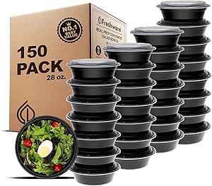 Freshware Meal Prep Bowl Containers [150 Pack] Plastic Bowls with Lids for Soup and Salad, Food Storage Bento Box, BPA Free, Stackable, Lunch Boxes, Microwave/Dishwasher/Freezer Safe (28 oz)