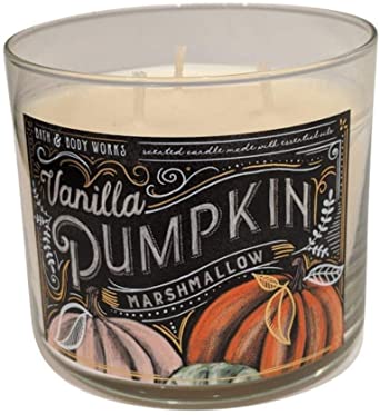 White Barn Candle Company Bath and Body Works 3-Wick Scented Candle w/Essential Oils - 14.5 oz - Vanilla Pumpkin Marshmallow (Tahitian Vanilla, Pumpkin Spice, Homemade Marshmallow, Drizzled Caramel)