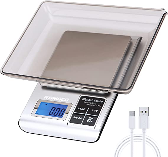 Raniaco Digital Kitchen Scales - Food Scale 0.01g Professional Letter Scale Digital 0.01g - Countable Gram Scale Up to 500g, Digital Scale with Extra Tray | Pocket Scale Gold Scale