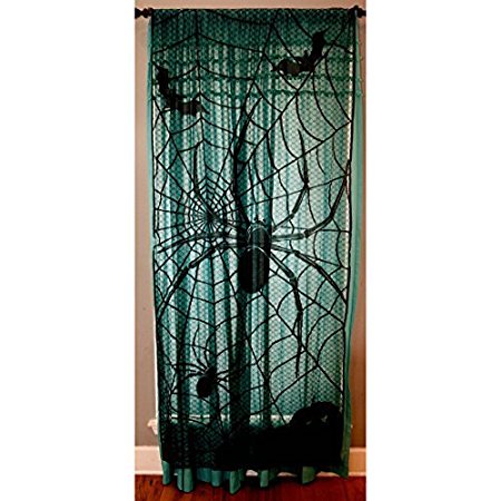 Black Spider Halloween Lace Window Curtain - 36 Inches X 84 Inches - And Halloween Wine Bottle Label