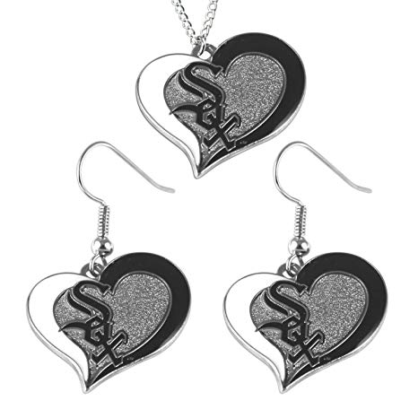 Chicago White Sox Swirl Heart Necklace and Earring Set MLB Charm Gift