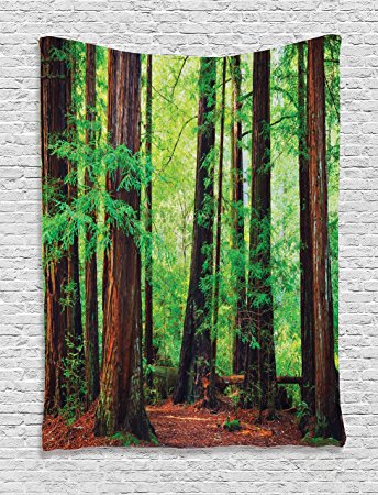 Green Tapestry Tree Woodland Decor by Ambesonne, Redwood Trees Northwest Rain Forest Tropical Scenic Wild Nature Lush Branch Image, Bedroom Living Room Dorm Wall Hanging Tapestry, Green Brown