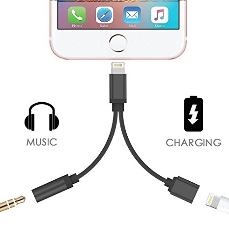 2 in 1 Lightning iPhone 7 Adapter, 3.5mm Audio Adapter and Charger Cable - Sprtjoy Lightning Charger and Earphone Stereo Jack Cable Adapter for iPhone 7 7 Plus (Black)