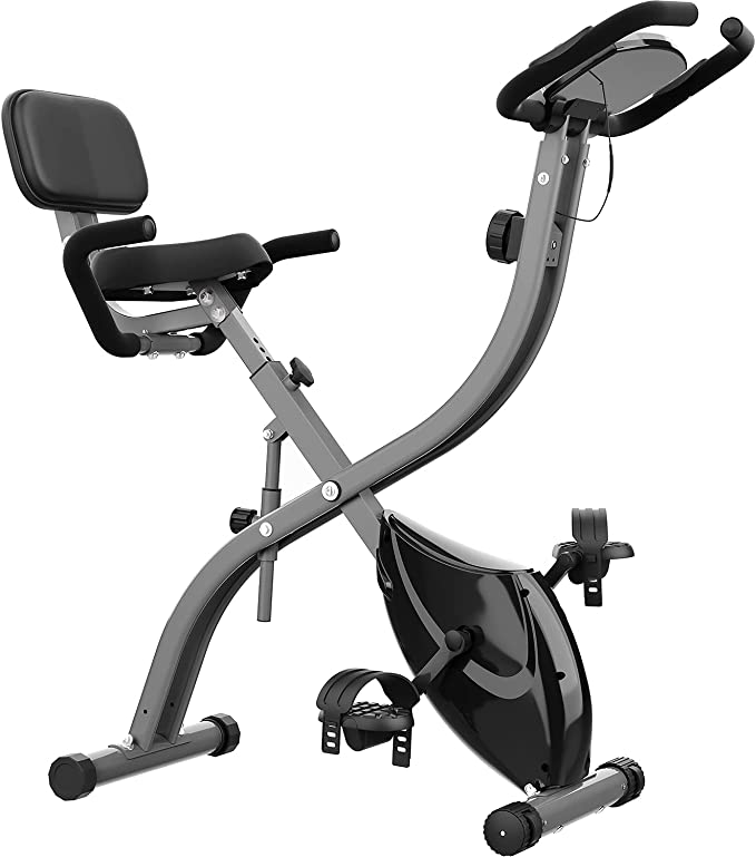 RIF6 Foldable Magnetic Exercise Bike with 16 Resistance Levels — with Padded Saddle, Safety Straps, and Stable Backrest — with LCD Monitor, Performance Tracker, and Multiple Exercise Modes