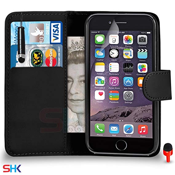 Apple iPhone 6 (4.7" Inch) Premium Leather Black Wallet Flip Case Cover Pouch   Mini Touch Stylus Pen   RED 2 IN 1 Dust Stopper   Screen Protector & Polishing Cloth SVL1 BY SHUKAN®, (WALLET BLACK)