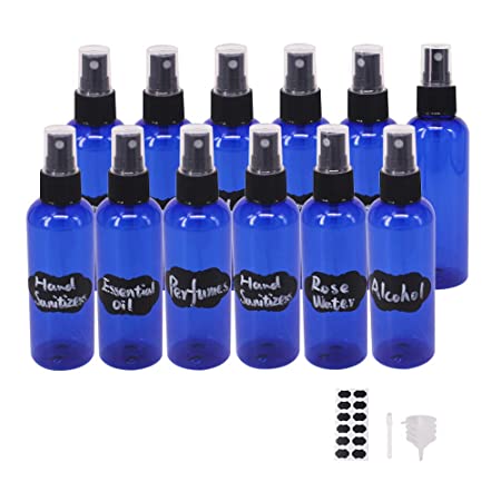 BPFY 12 Pack 3.3 oz Blue Plastic Spray Bottles For Essential Oils, Perfumes, Cosmetics, Hand Sanitizers, Alcohol, Mini Travel Bottle, Small Refillable Liquid Containers with Funnels, Chalk Labels, Pen
