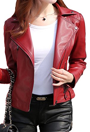 Helan Women's V-neck Motorcycle Sports PU Leather Short Jacket