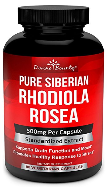 Pure Rhodiola Rosea Supplement - 500mg Siberian Rhodiola Extract 3% Rosavins and 1% Salidroside - For Thyroid Support, Stress Relief, Natural Energy, Brain Function and Focus - 90 Vegetarian Capsules