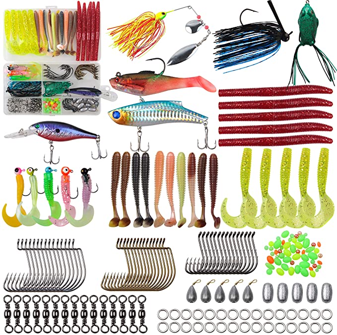 Freshwater Fishing Tackle kit,161pcs Fishing Tackle Box with Fishing Worms Jigs Lures for Bass Walleye Trout