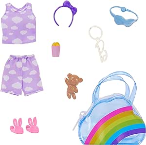 Barbie Premium Rainbow Cloud Fashion Bag, Purple Pajamas, Pink Slippers, and Accessories