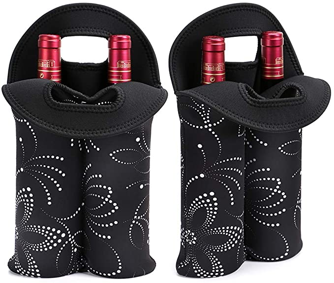 Hipiwe 2-Bottle Wine Bottle Tote Insulated Neoprene Wine Cooler Bag Champagne Water Beer Drinks Bottle Protective Carriers Bag Case for Travel,Dating,Party,Camping (2PCS Black with Flower Pattern)