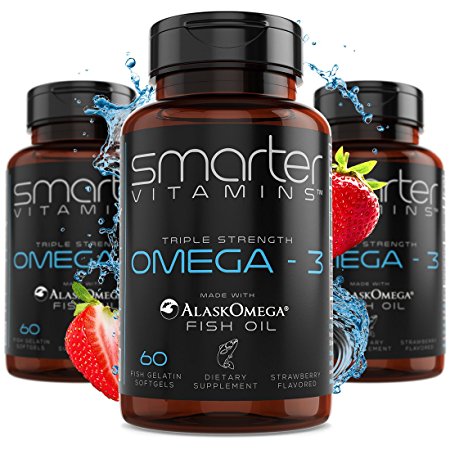 (3 bottles) SmarterVitamins OMEGA-3 FISH OIL, made with AlaskOmega®, Strawberry Flavor, TRIPLE STRENGTH, 180 Softgels, 2000mg, High DHA EPA Brain Omegas, Burpless, Heart Support, Joint Support