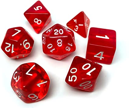 Translucent Polyhedral Dice Set - 7 Piece Dice Set with One D20, D12, D10, D8, D6, D4, and D00 (Red with White Font)