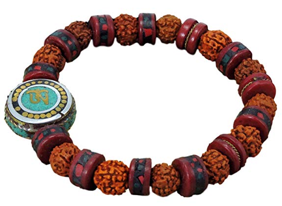 Embedded Yak Bone Rudraksha Wrist Mala Medicine Bracelet Turquoise Om Bead Free Silk Drawing String Pouch